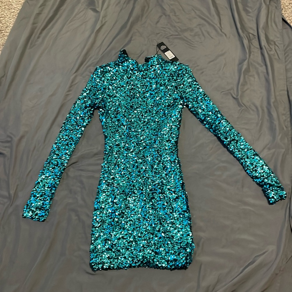 Turquoise long sleeve sequin mini dress Fashion Nova XS